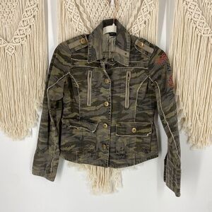 Aziz Button Up Camouflage Embroidered Jean Jacket Coat